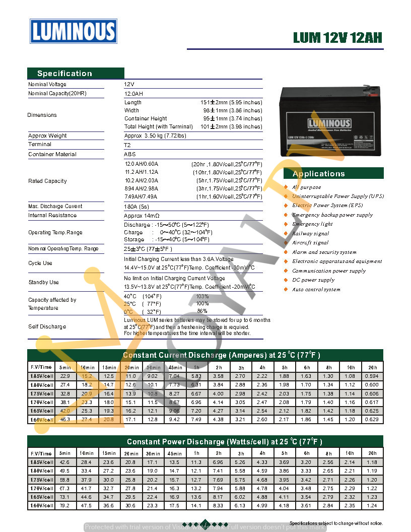 BATERAI VRLA LUMINOUS 12V 12AH